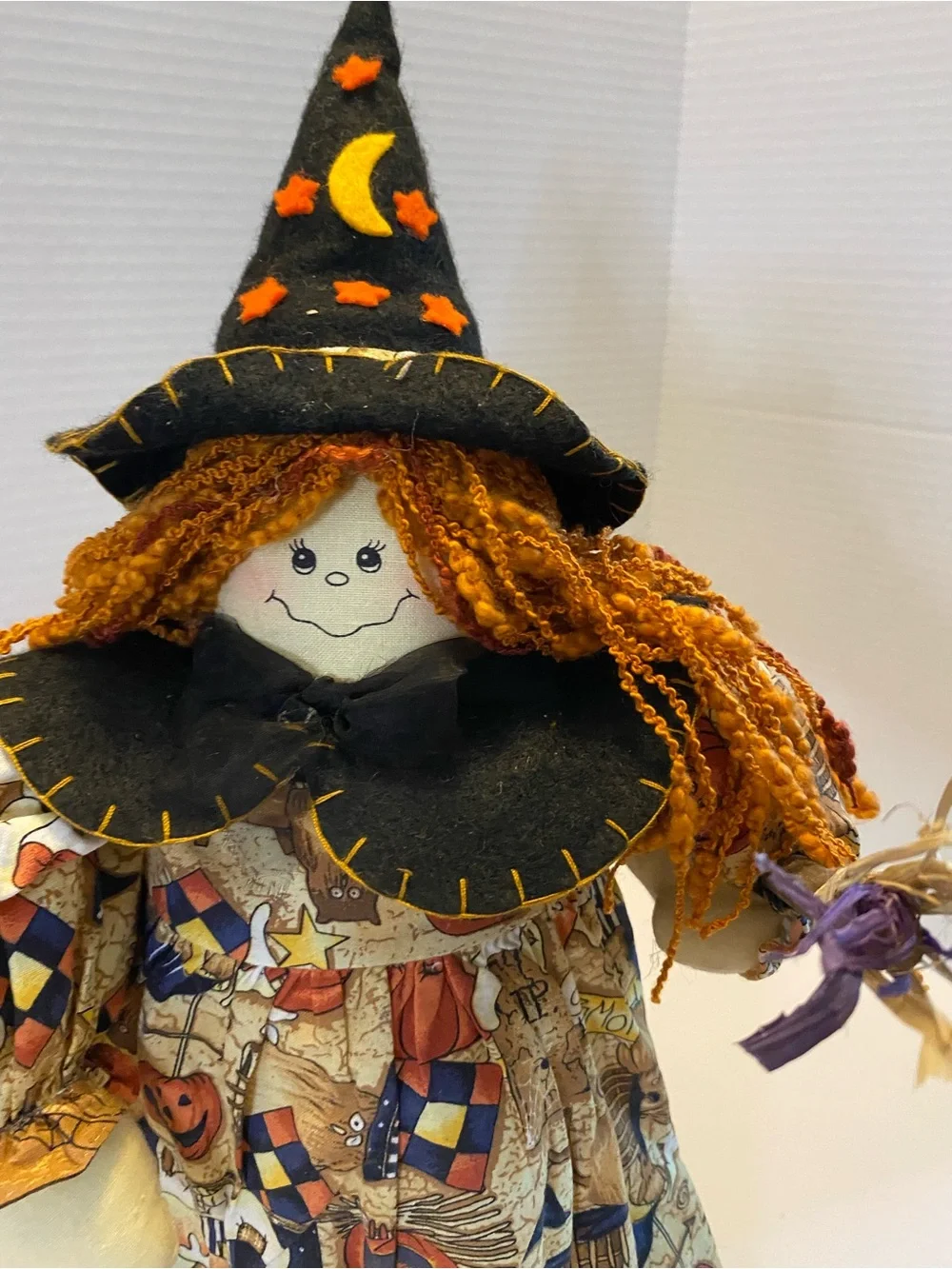 Vintage Witch With Broom Fabric Orange And Black Weighted Bottom Prima Creations